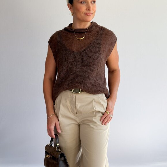 Women’s Open-Knit Mock Neck Sweater Tank – Cocoa Brown Top - Picture 7 of 10